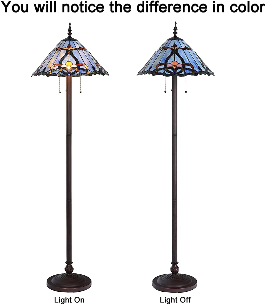 Bieye Baroque Tiffany Style Stained Glass Floor Lamp with 18 Inch Wide Blue Shade for Reading Working Bedroom Living Room, 3 Lights, 63 Inch Tall